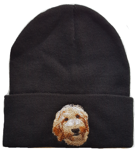 Goldendoodle or Labradoodle Cream Colored Dog Embroidered on a Black Beanie