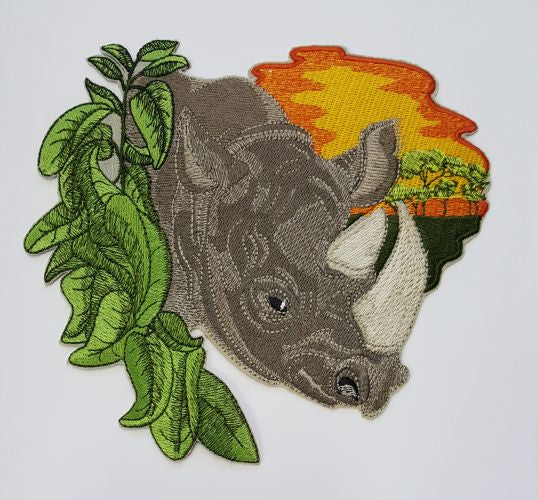 African Rhino, Africa Rhinoceros with Acacia Trees, Africa Embroidered Patch 7" x 6.4"