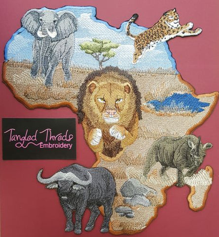 Africa, Lion, Rhino, Cheetah, Water Buffalo, Embroidered Patch 10.8 x –  Tangled Threds Custom Embroidery