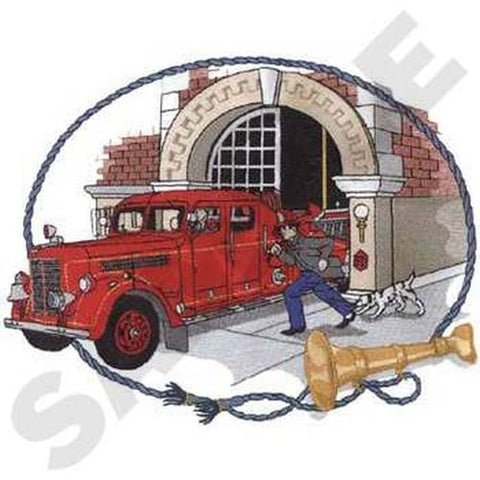Antique Fire Station Fire Truck Scene Embroidered Patch Size 10"x 7.7"