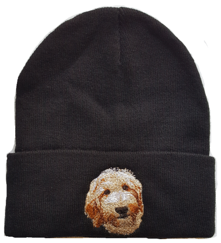 Goldendoodle or Labradoodle Cream Colored Dog Embroidered on a Black Beanie FREE USA SHIPPING