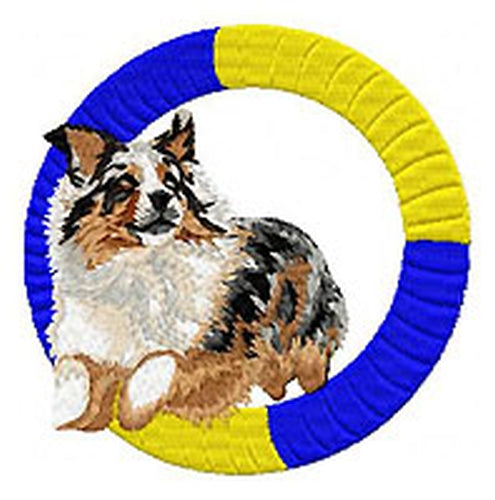 Australian Shepherd, Aussie Agility Dog Jumping Through Tire - Embroidered Patch (3.7 Inches Tall)